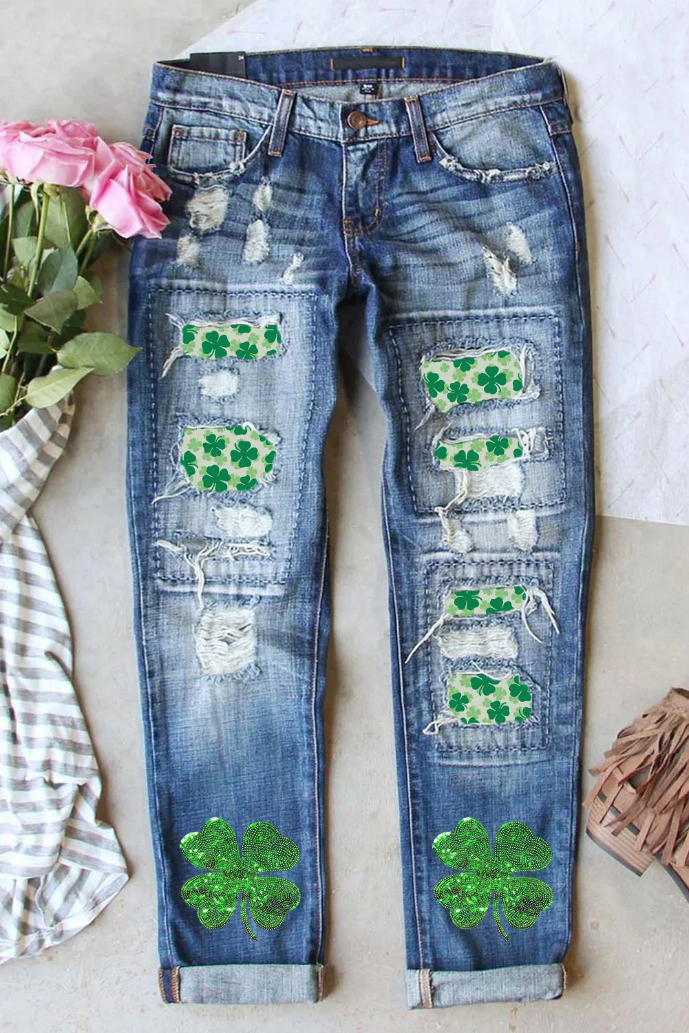 St. Patricks Clover Sequin Distressed Jeans