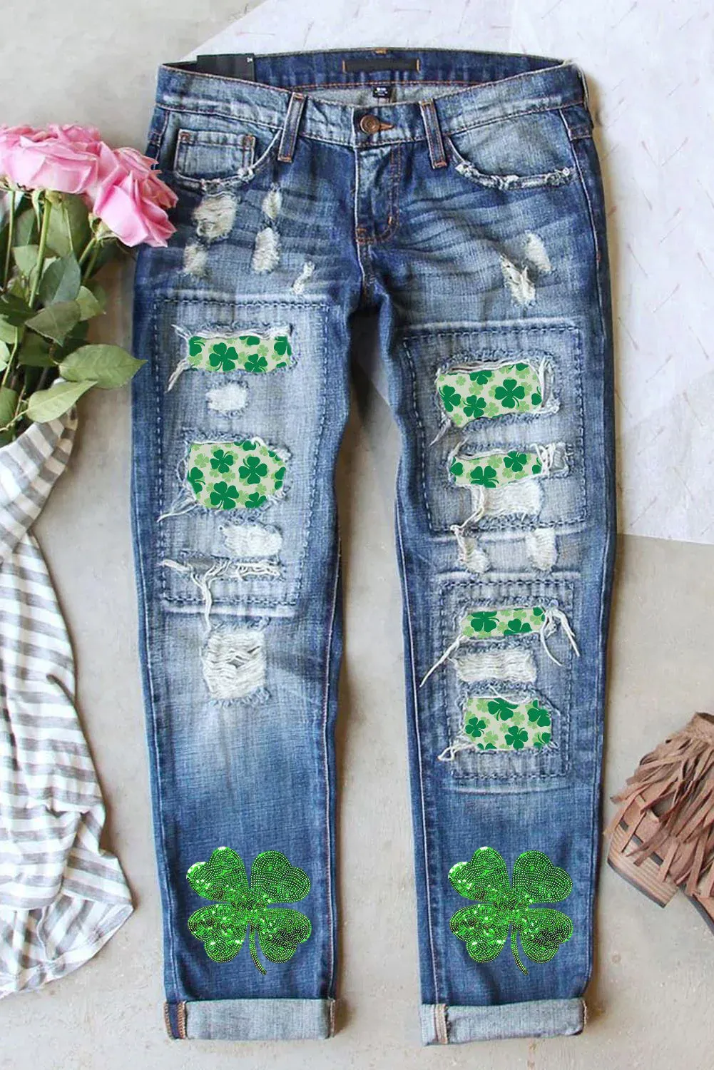 St. Patricks Clover Sequin Distressed Jeans