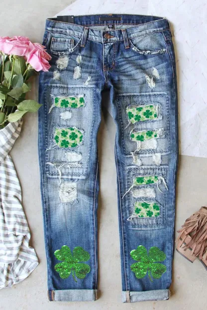 St. Patricks Clover Sequin Distressed Jeans