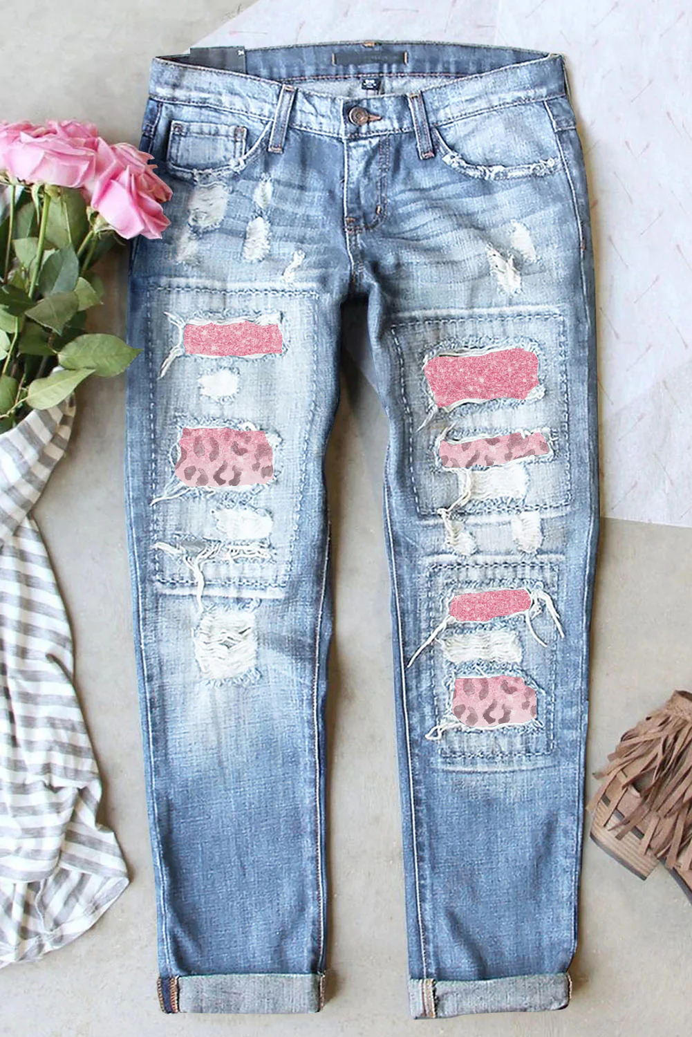 Leopard Gradient Patchwork Jeans