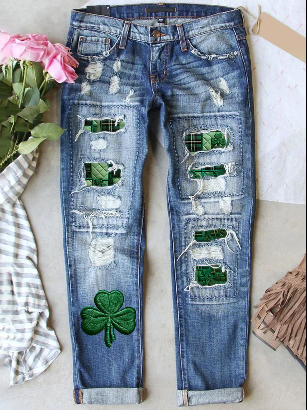 Retro St. Patrick's Day Denim Patch Printed Denim Jeans