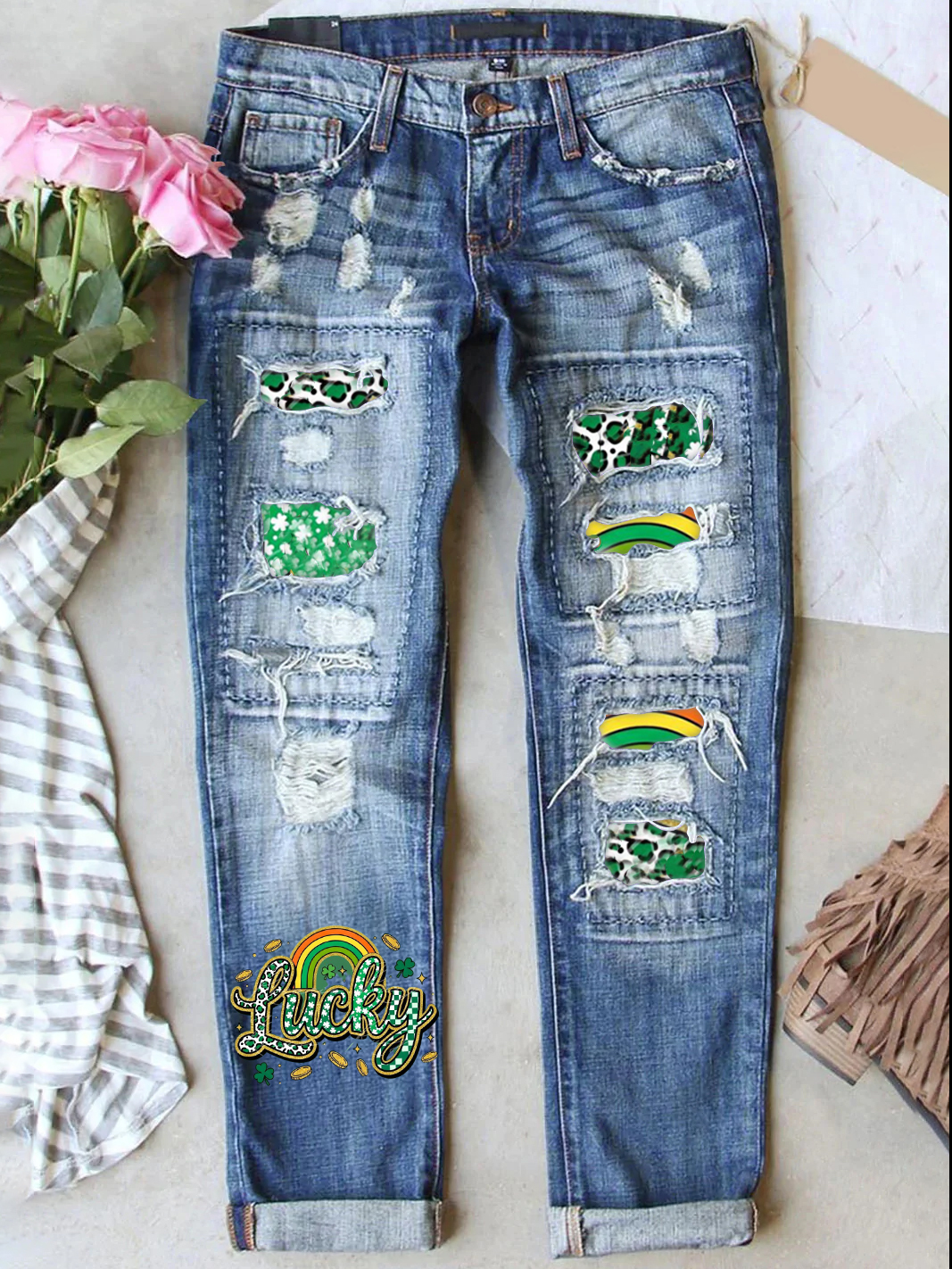 Retro St. Patrick's Day Denim Patch Printed Denim Pants