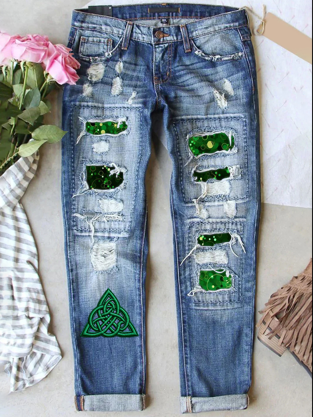 Retro St. Patrick's Day Denim Patch Printed Denim Jeans