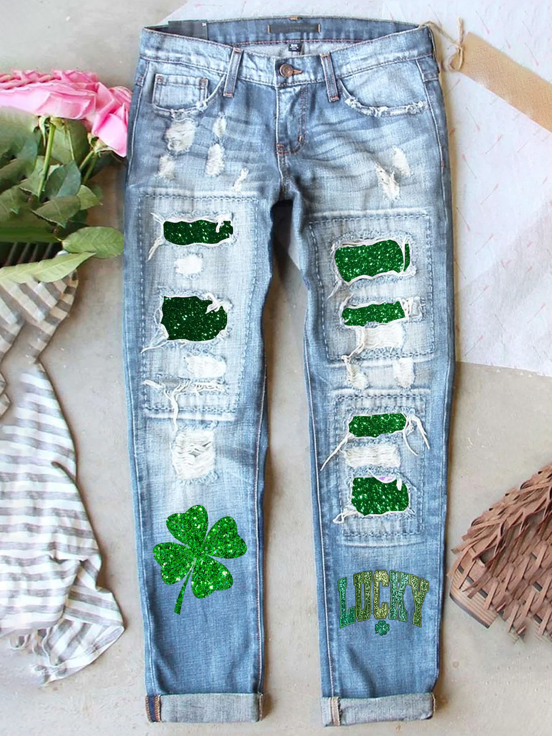 Retro St. Patrick's Day Denim Patch Printed Denim Jeans