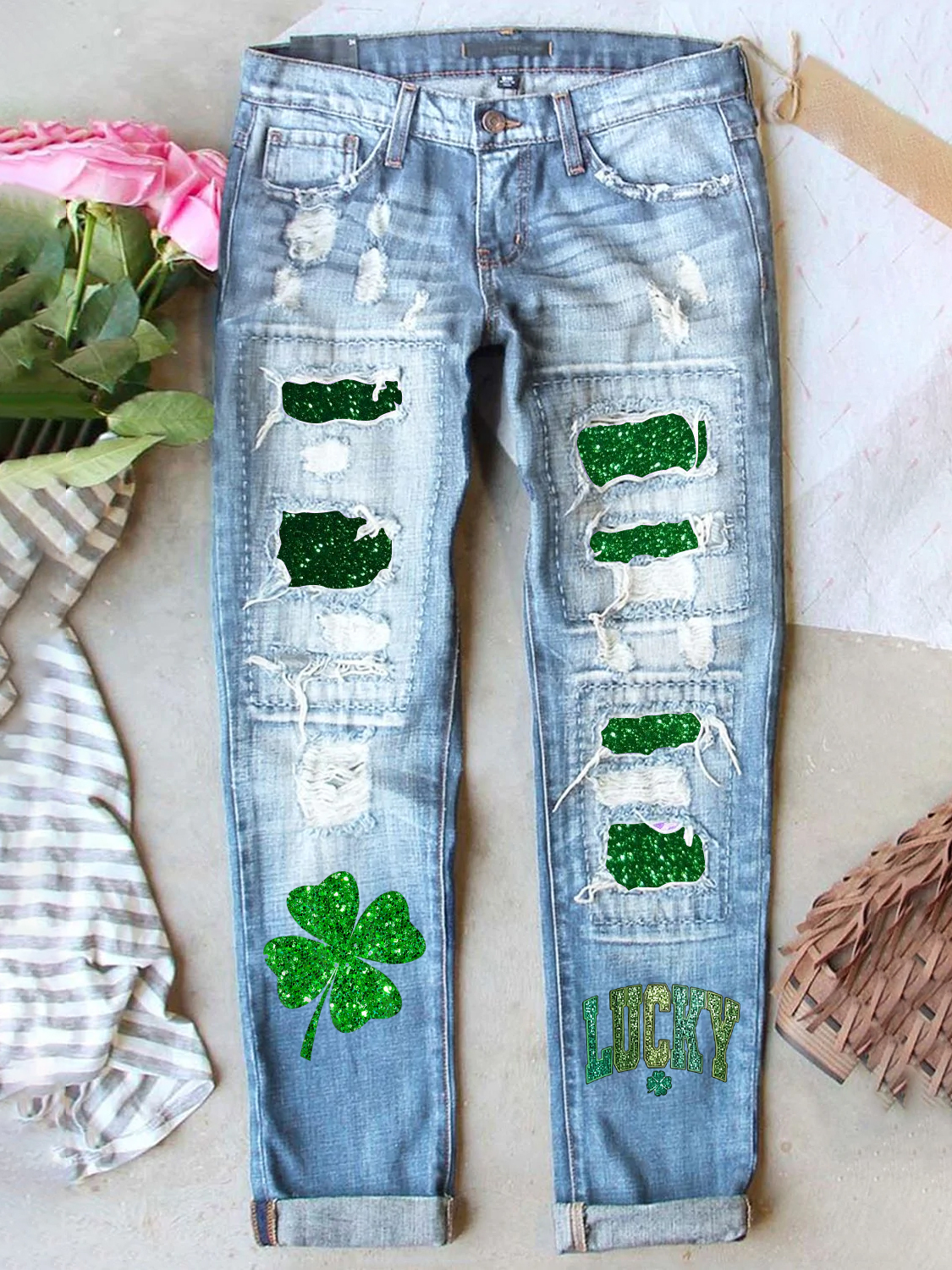 Retro St. Patrick's Day Denim Patch Printed Denim Jeans