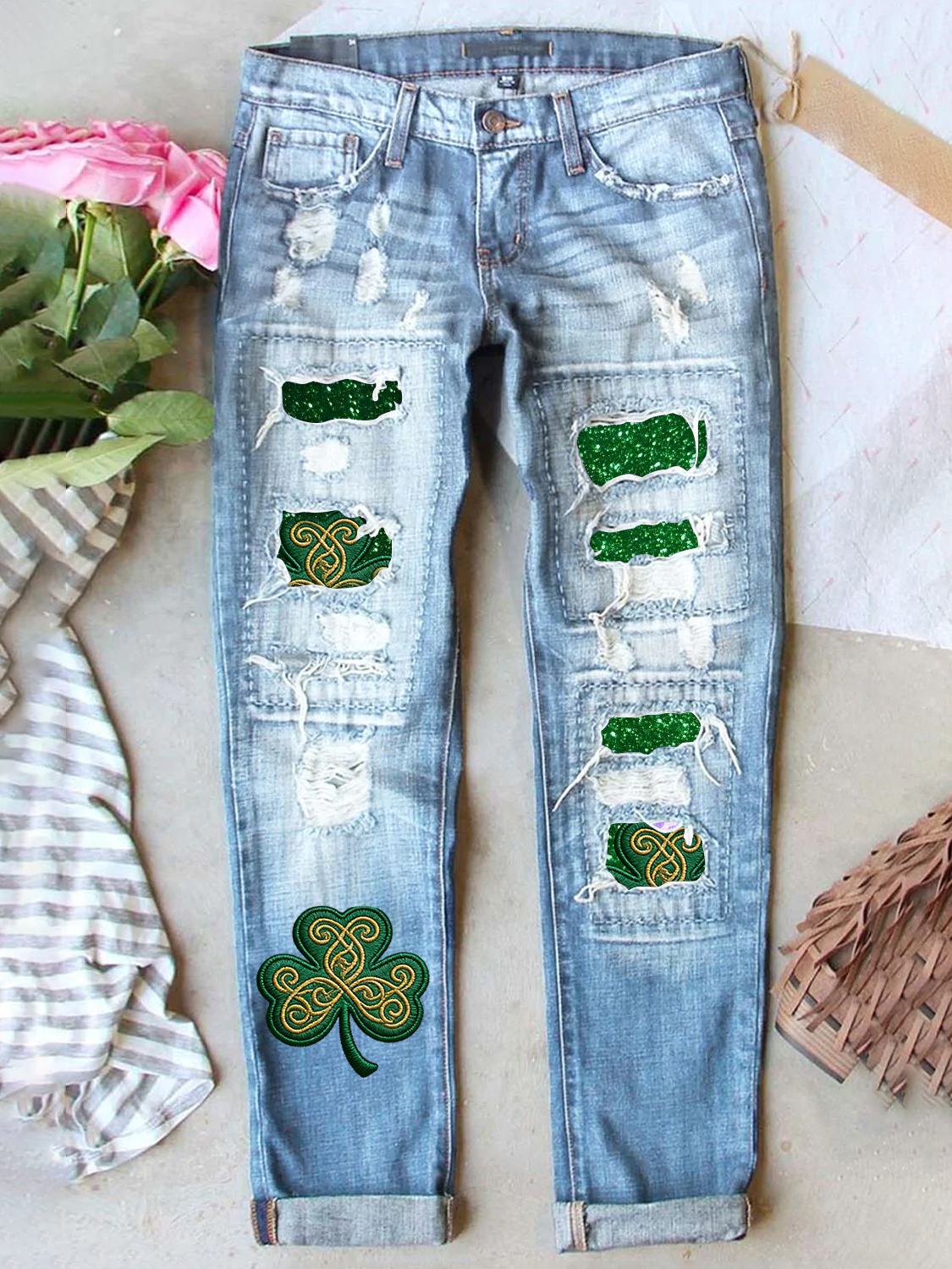 Retro St. Patrick's Day Denim Patch Printed Denim Jeans