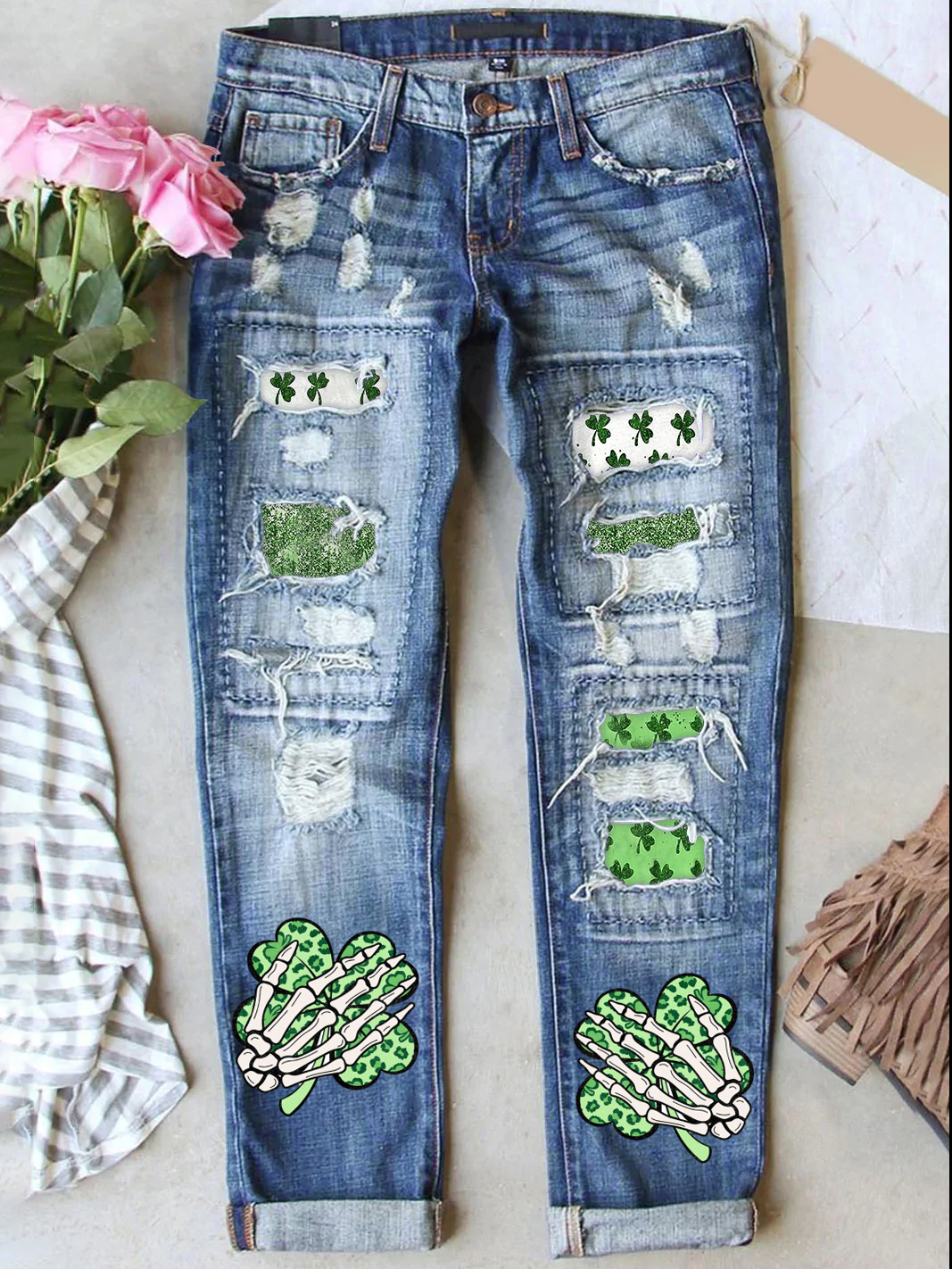Retro St. Patrick's Day Denim Patch Printed Denim Pants