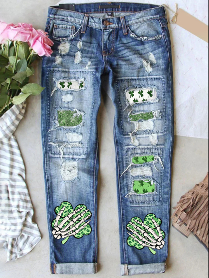 Retro St. Patrick's Day Denim Patch Printed Denim Pants