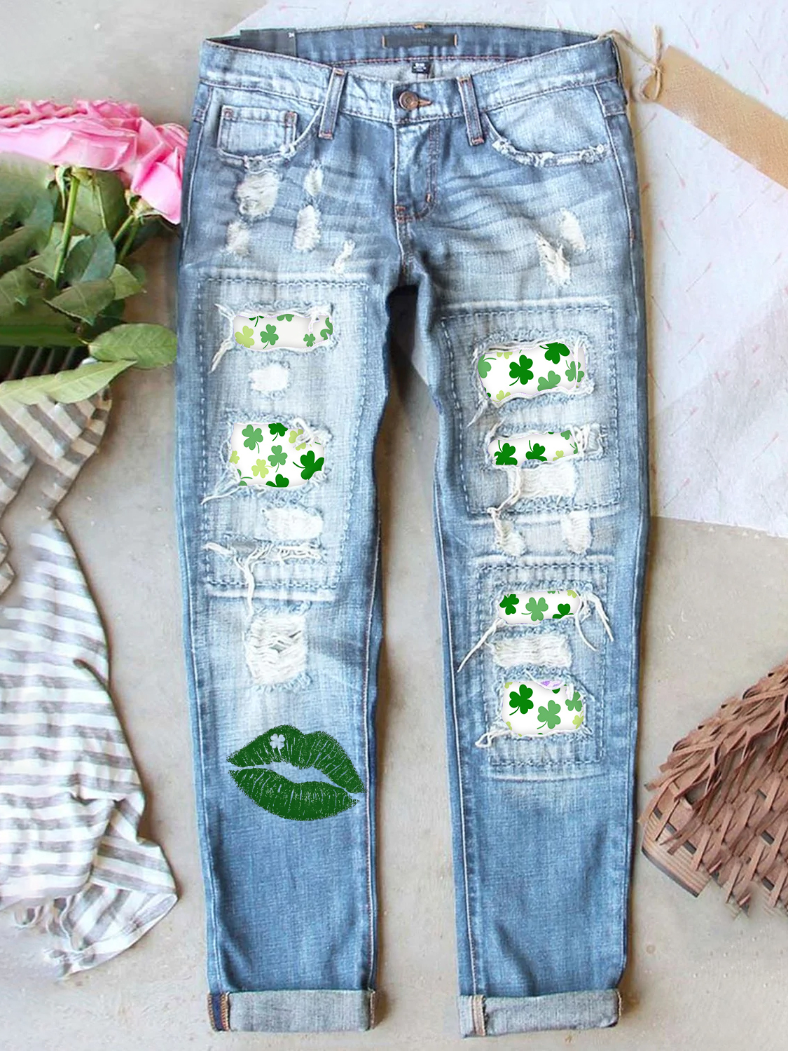 Retro St. Patrick's Day Denim Patch Printed Denim Jeans