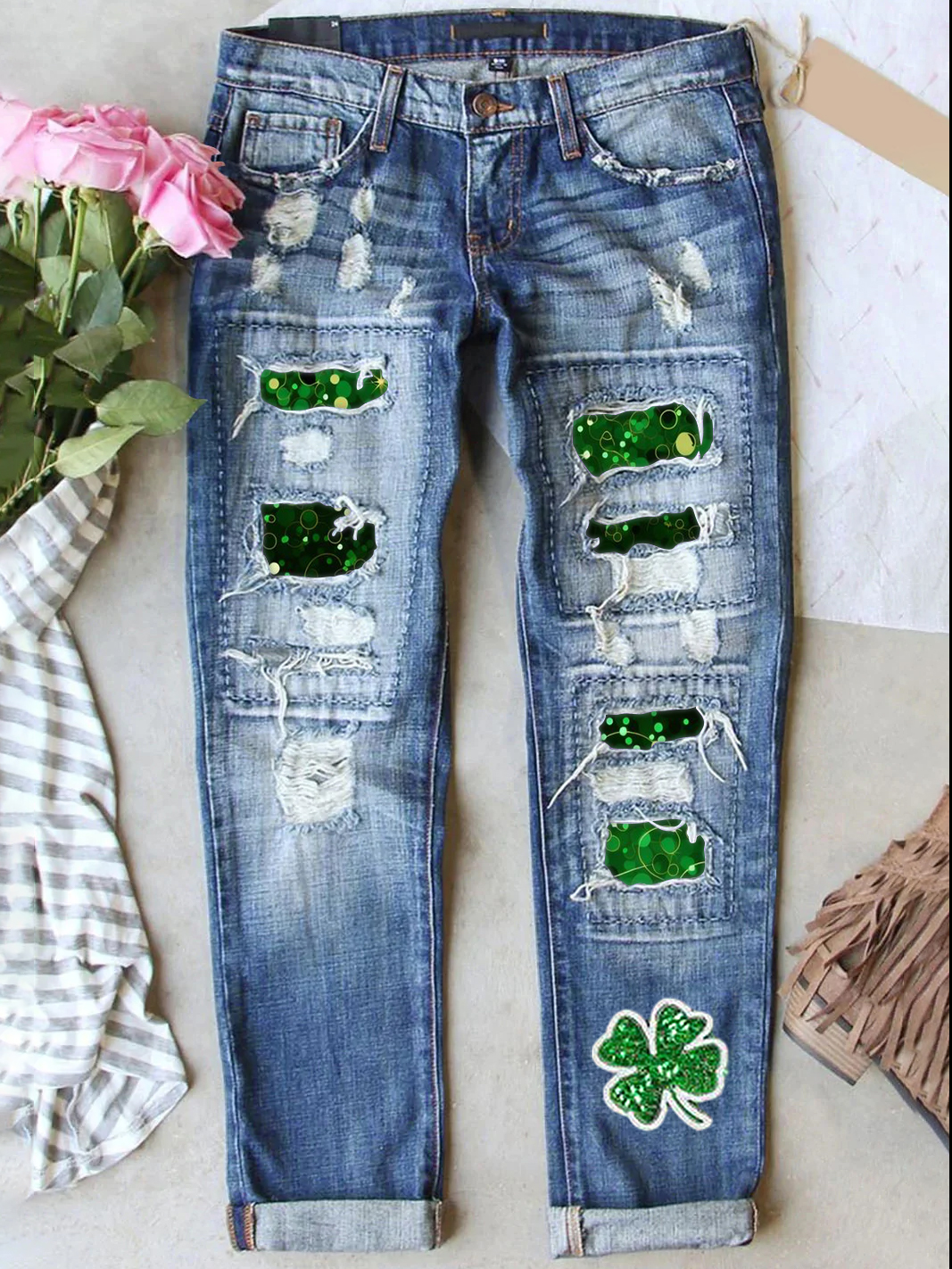 Retro St. Patrick's Day Denim Patch Printed Denim Pants