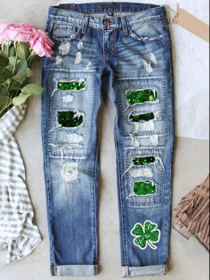 Retro St. Patrick's Day Denim Patch Printed Denim Pants