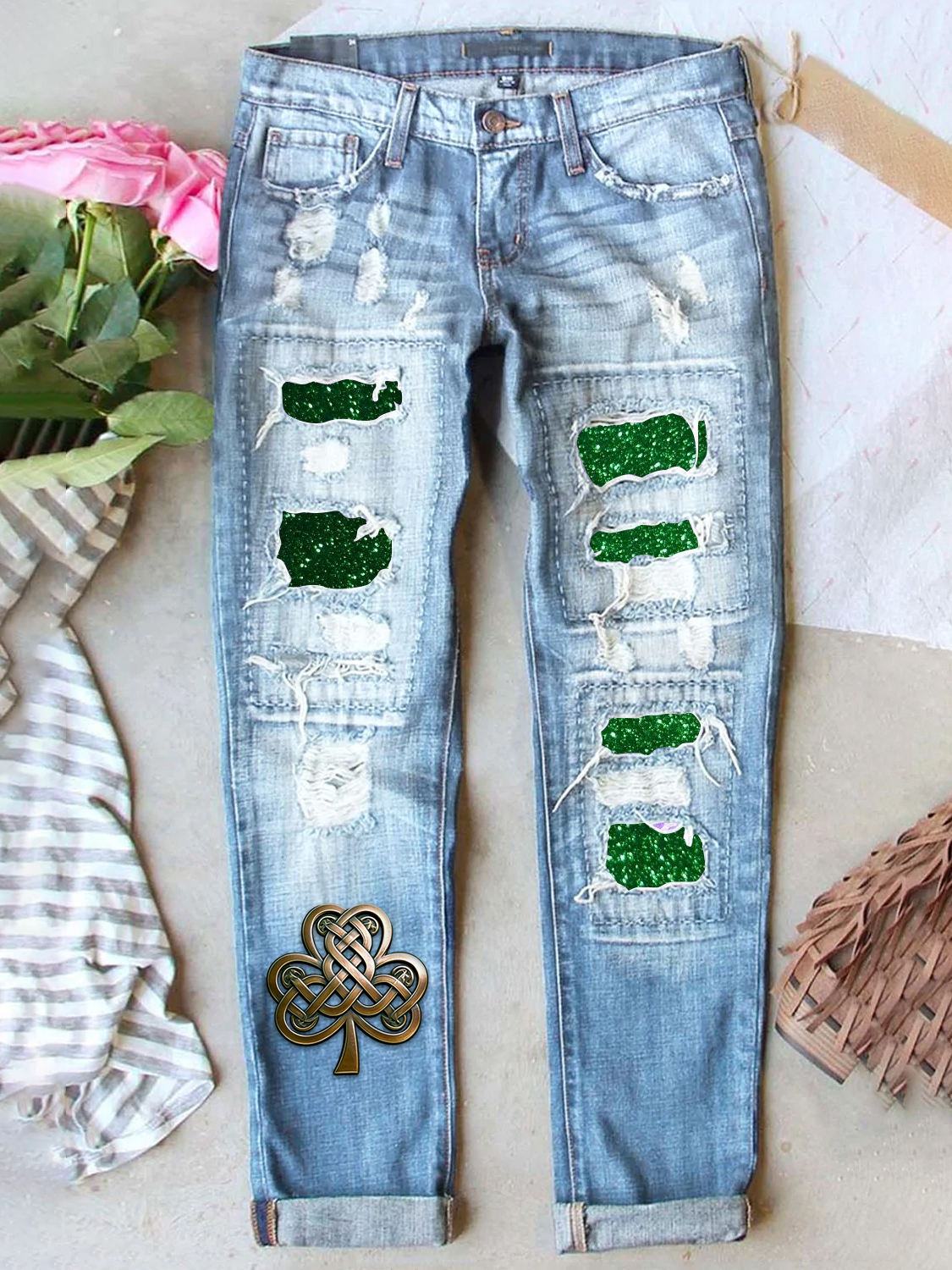 Retro St. Patrick's Day Denim Patch Printed Denim Jeans