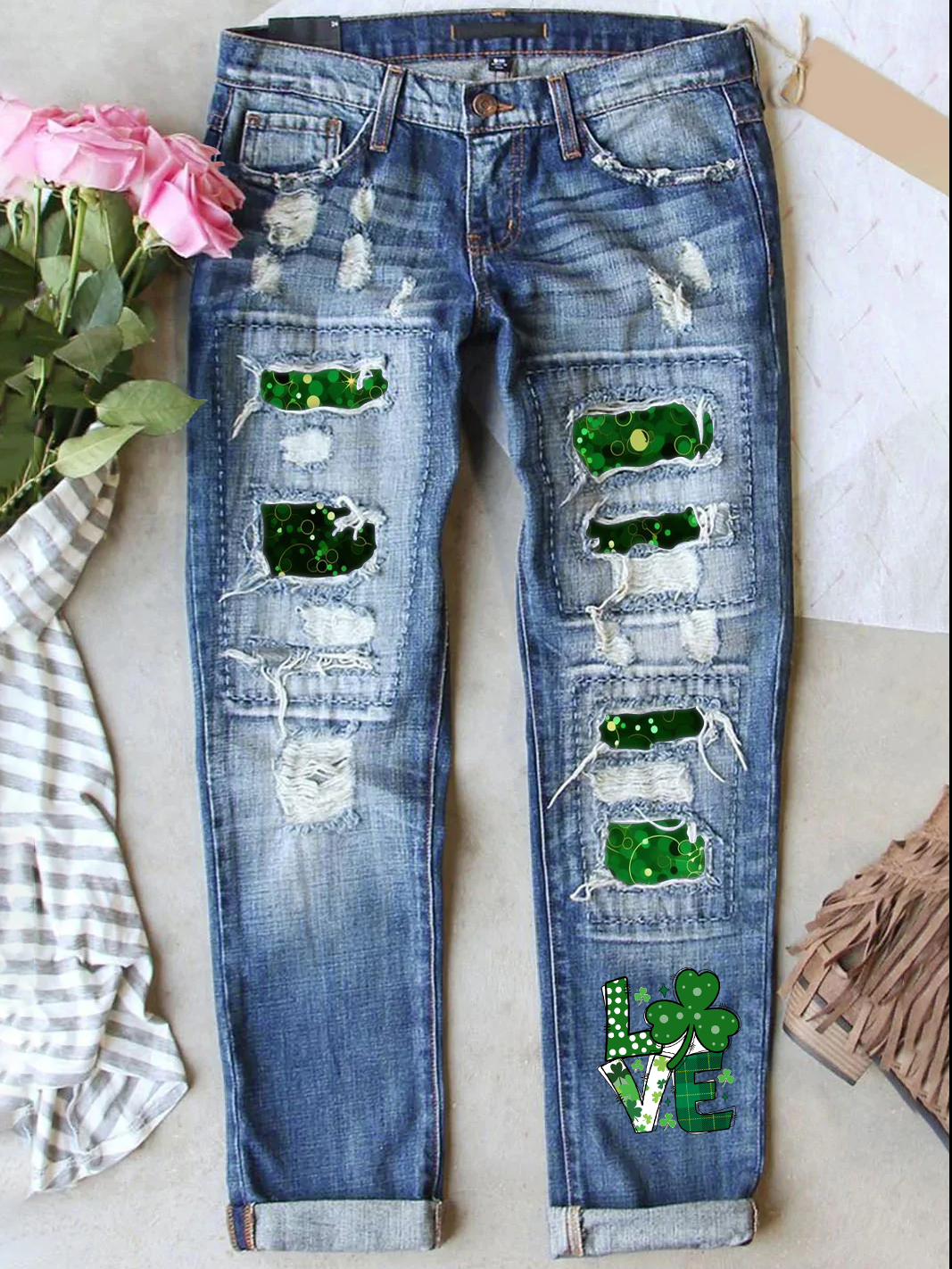 Retro St. Patrick's Day Denim Patch  Printed Denim Pants