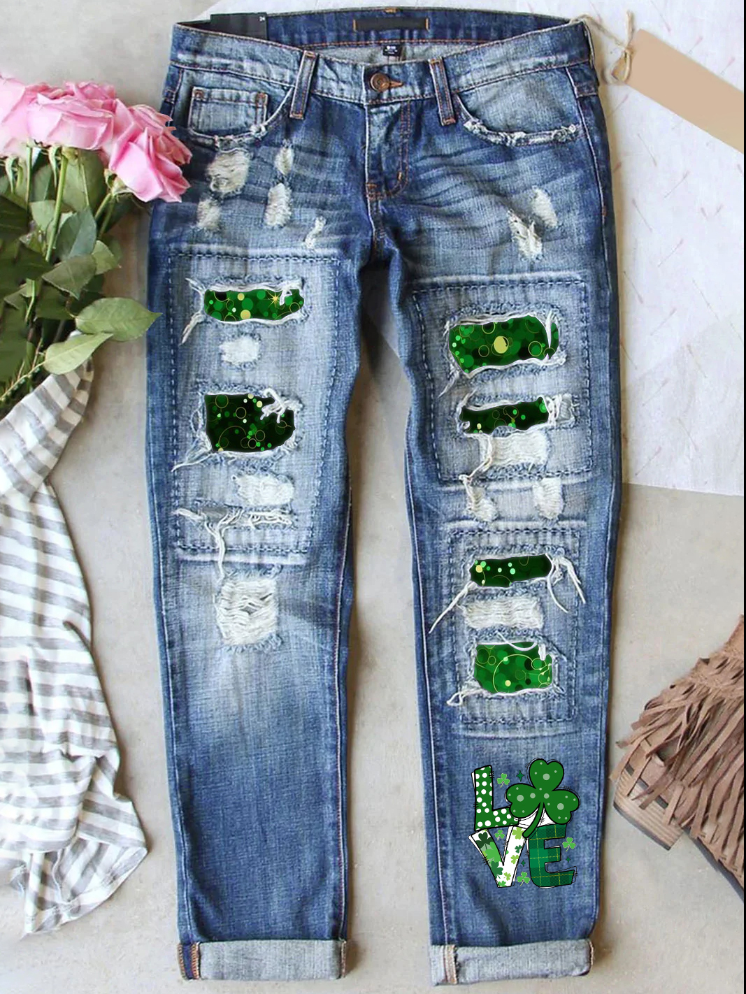 Retro St. Patrick's Day Denim Patch Printed Denim Pants