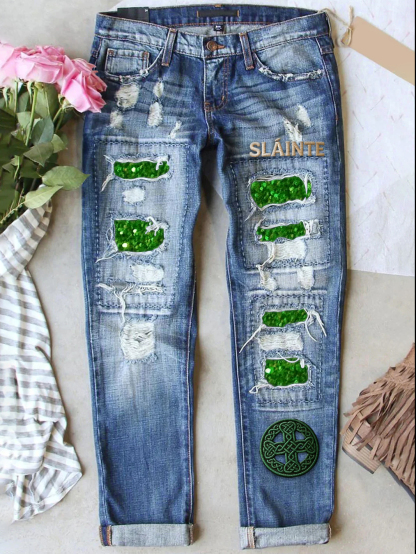 Retro St. Patrick's Day Denim Patch  Printed Denim Pants