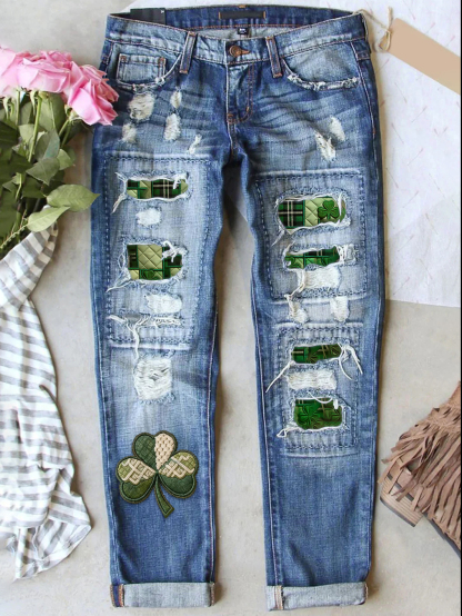 Retro St. Patrick's Day Denim Patch  Printed Denim Pants