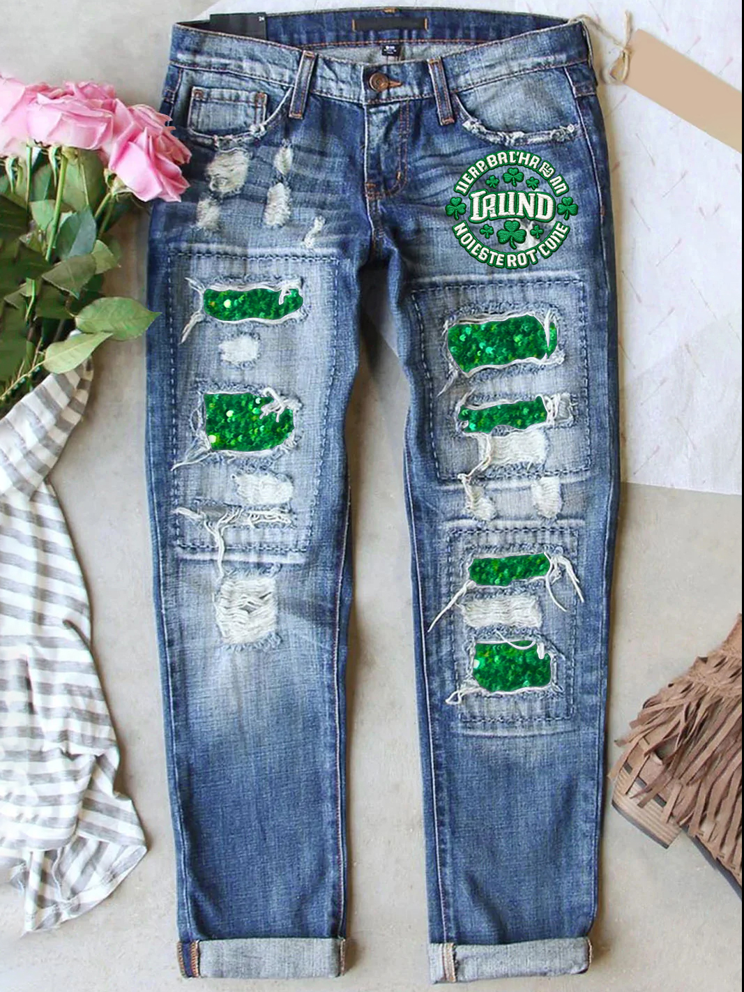 Retro St. Patrick's Day Denim Patch Printed Denim Pants
