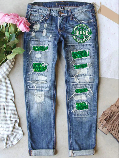 Retro St. Patrick's Day Denim Patch  Printed Denim Pants