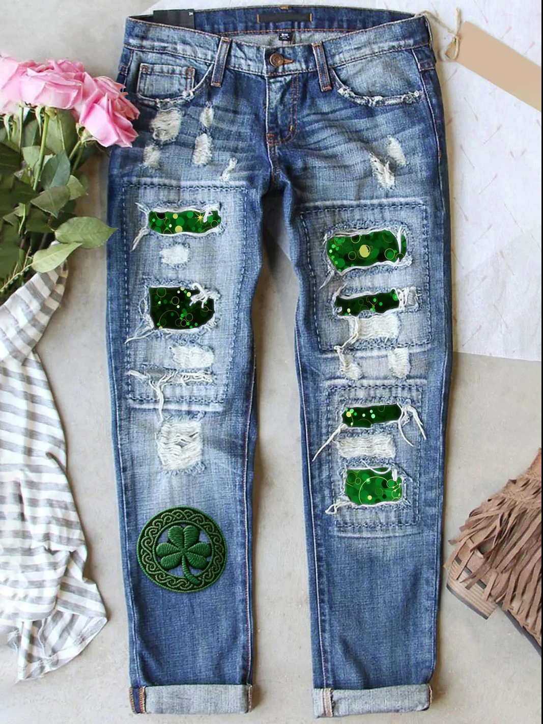 Retro St. Patrick's Day Denim Patch Printed Denim Pants