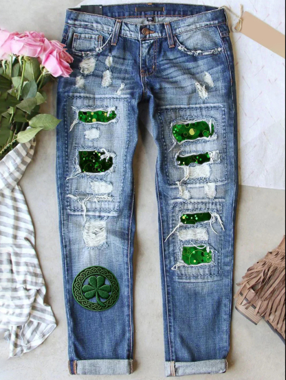 Retro St. Patrick's Day Denim Patch  Printed Denim Pants