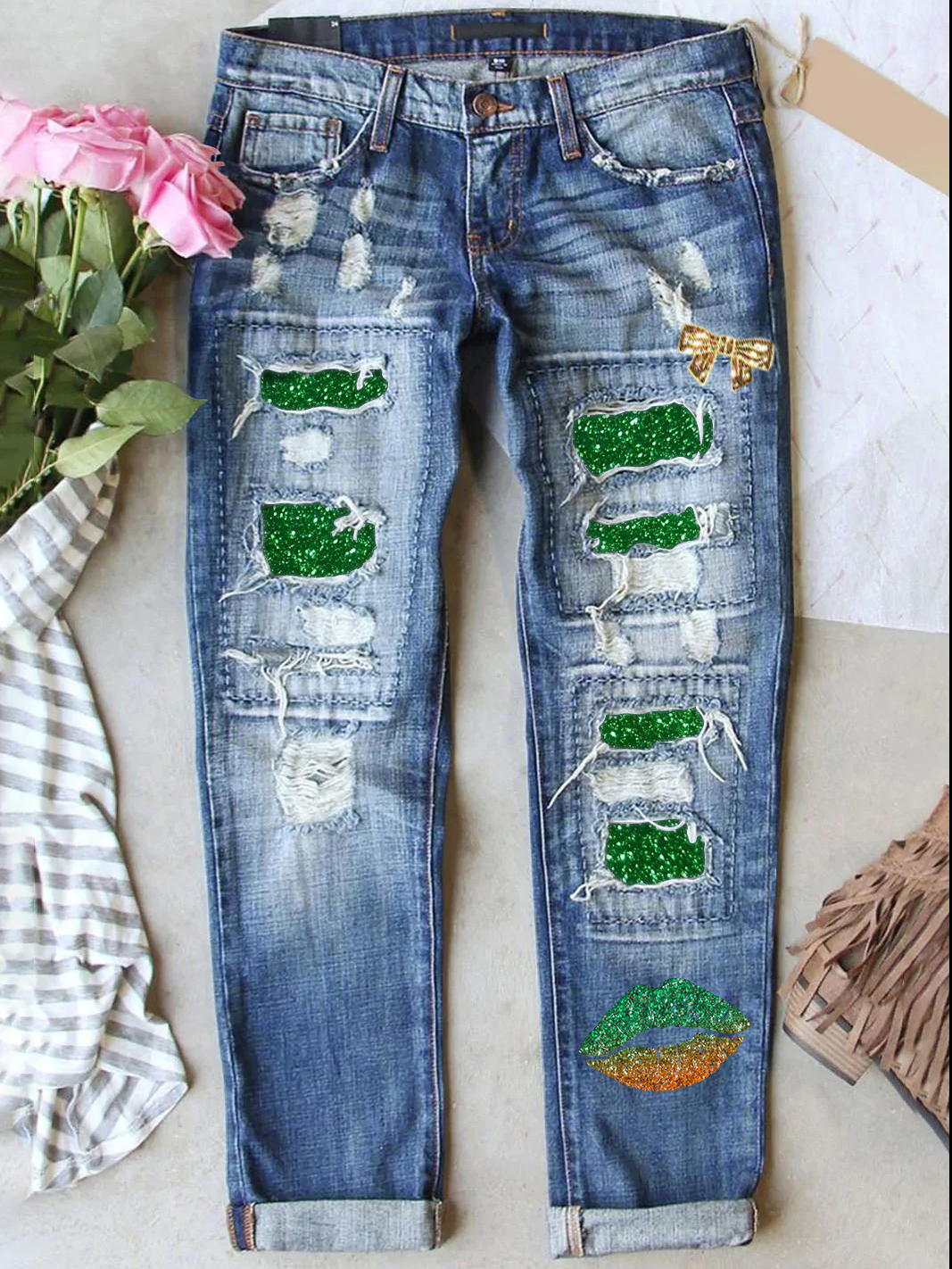 Retro St. Patrick's Day Denim Patch  Printed Denim Pants