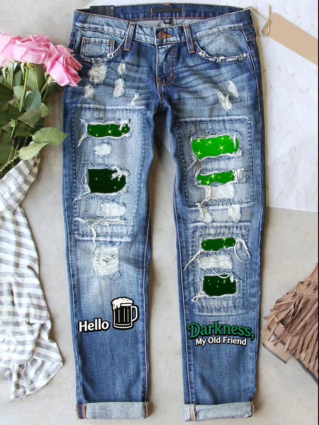 Retro St. Patrick's Day Denim Patch  Printed Denim Pants