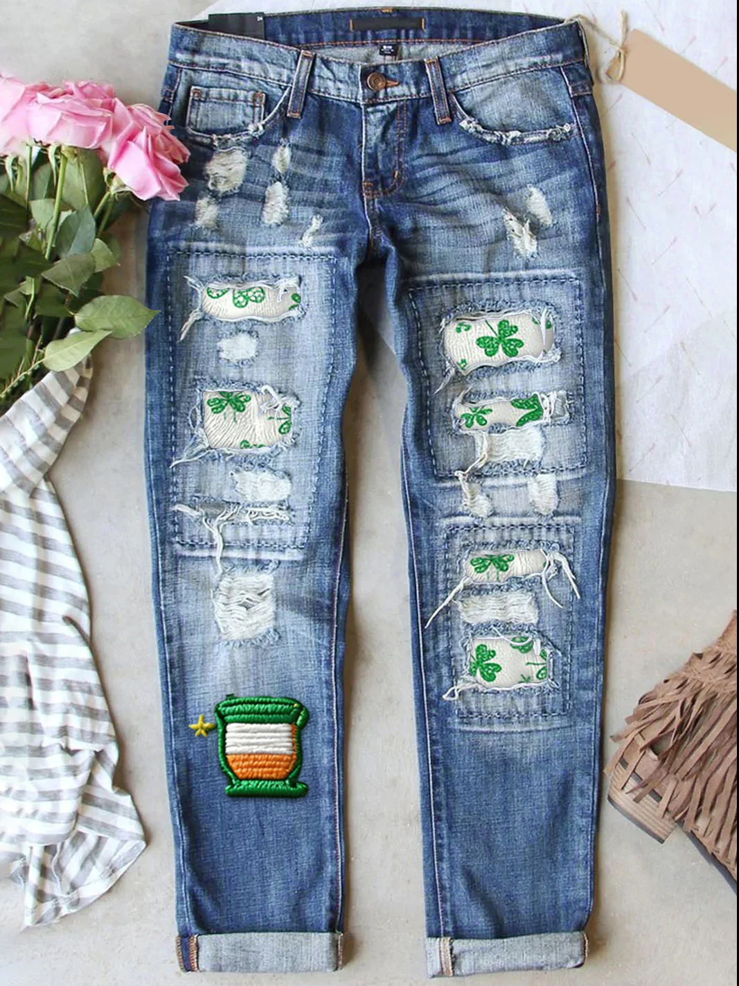 Retro St. Patrick's Day Denim Patch  Printed Denim Pants
