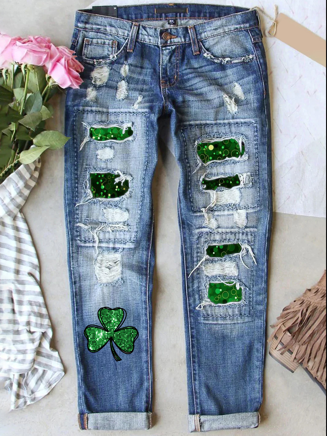 Retro St. Patrick's Day Denim Patch Printed Denim Pants
