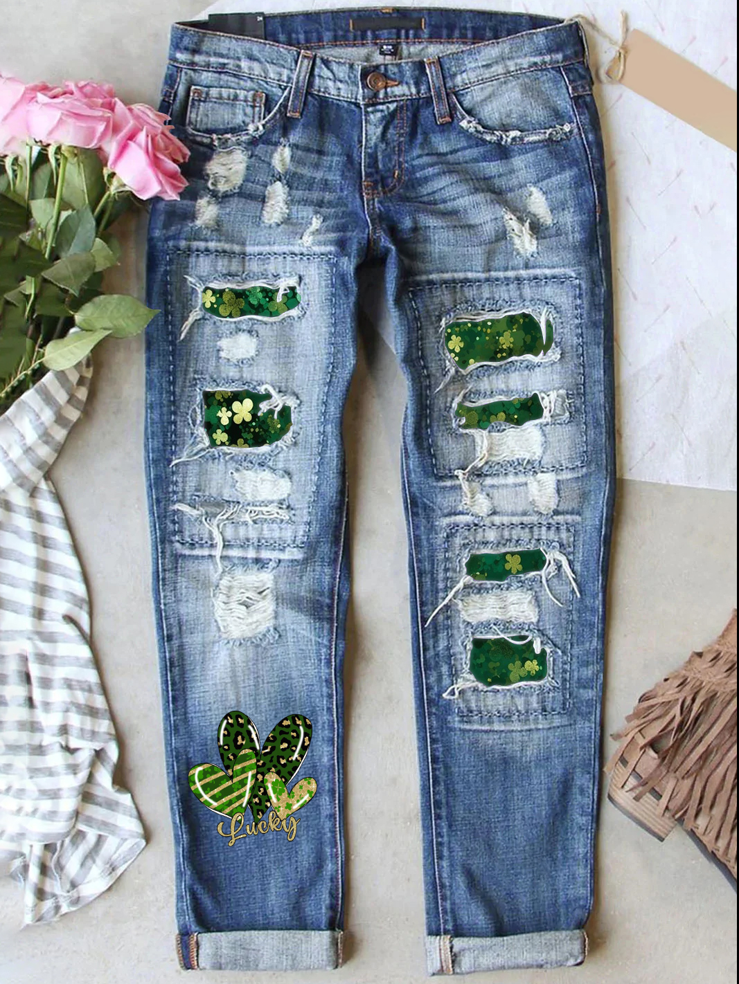 Retro St. Patrick's Day Denim Patch Printed Denim Jeans