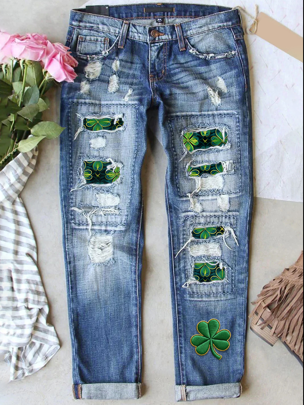Retro St. Patrick's Day Denim Patch Printed Denim Jeans