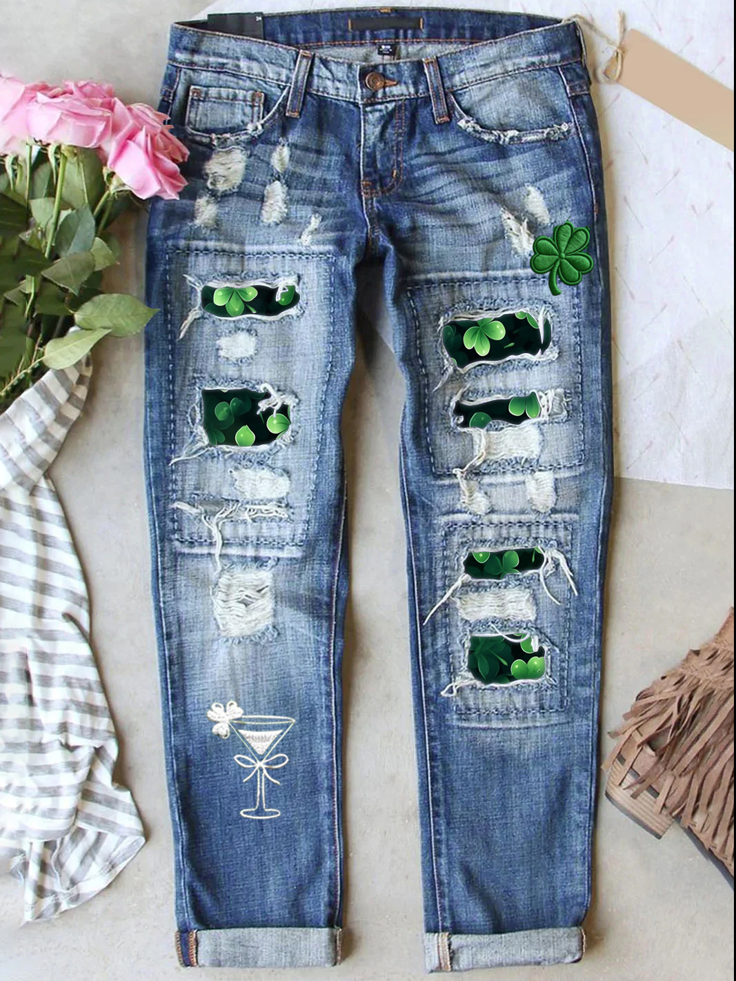 Retro St. Patrick's Day Denim Patch Printed Denim Jeans