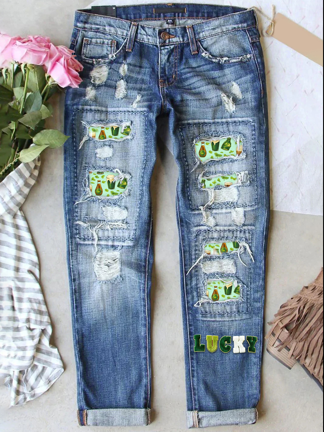 Retro St. Patrick's Day Denim Patch Printed Denim Jeans