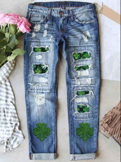 Retro St. Patrick's Day Denim Patch Printed Denim Jeans