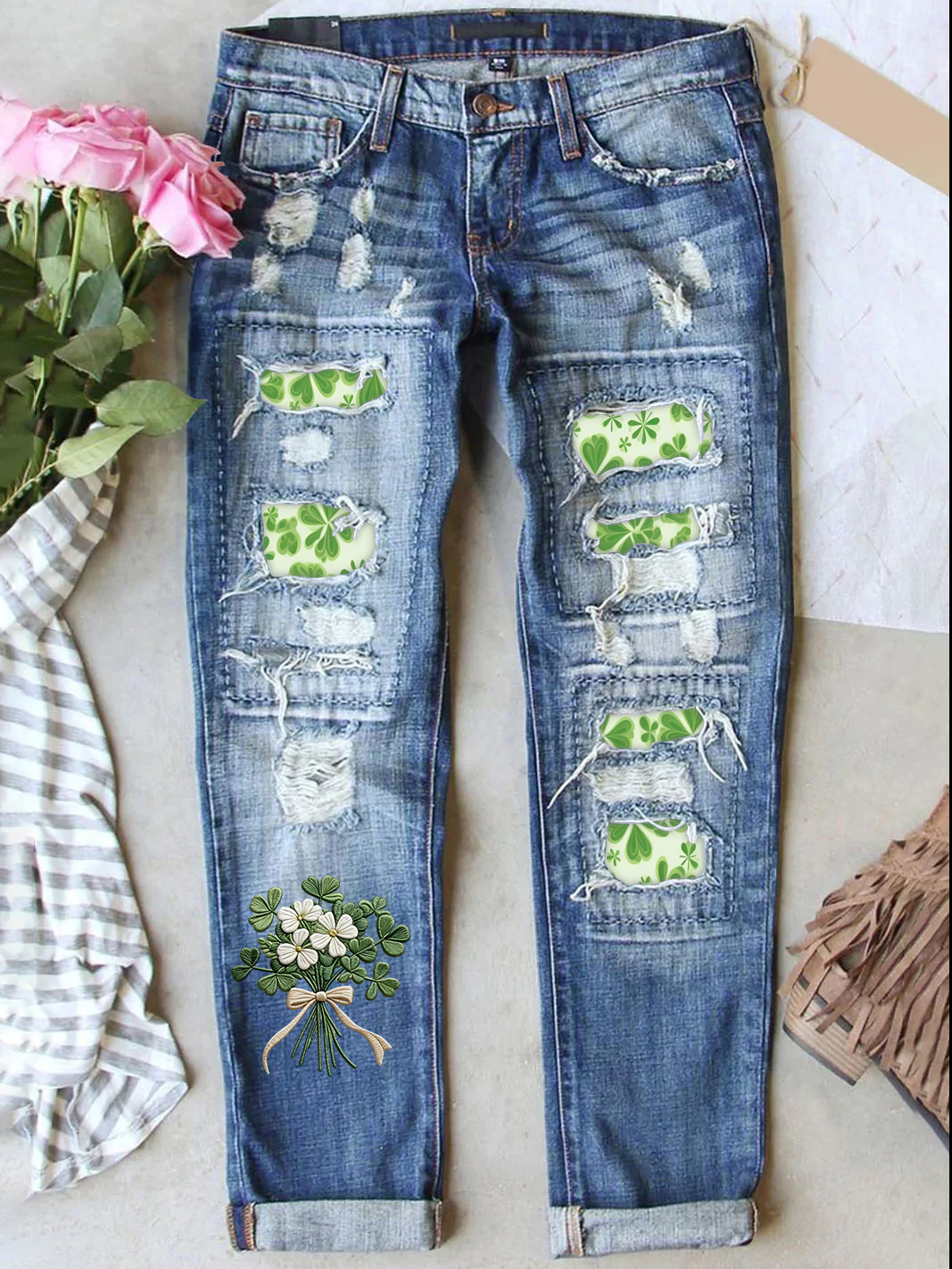 Retro St. Patrick's Day Denim Patch Printed Denim Jeans