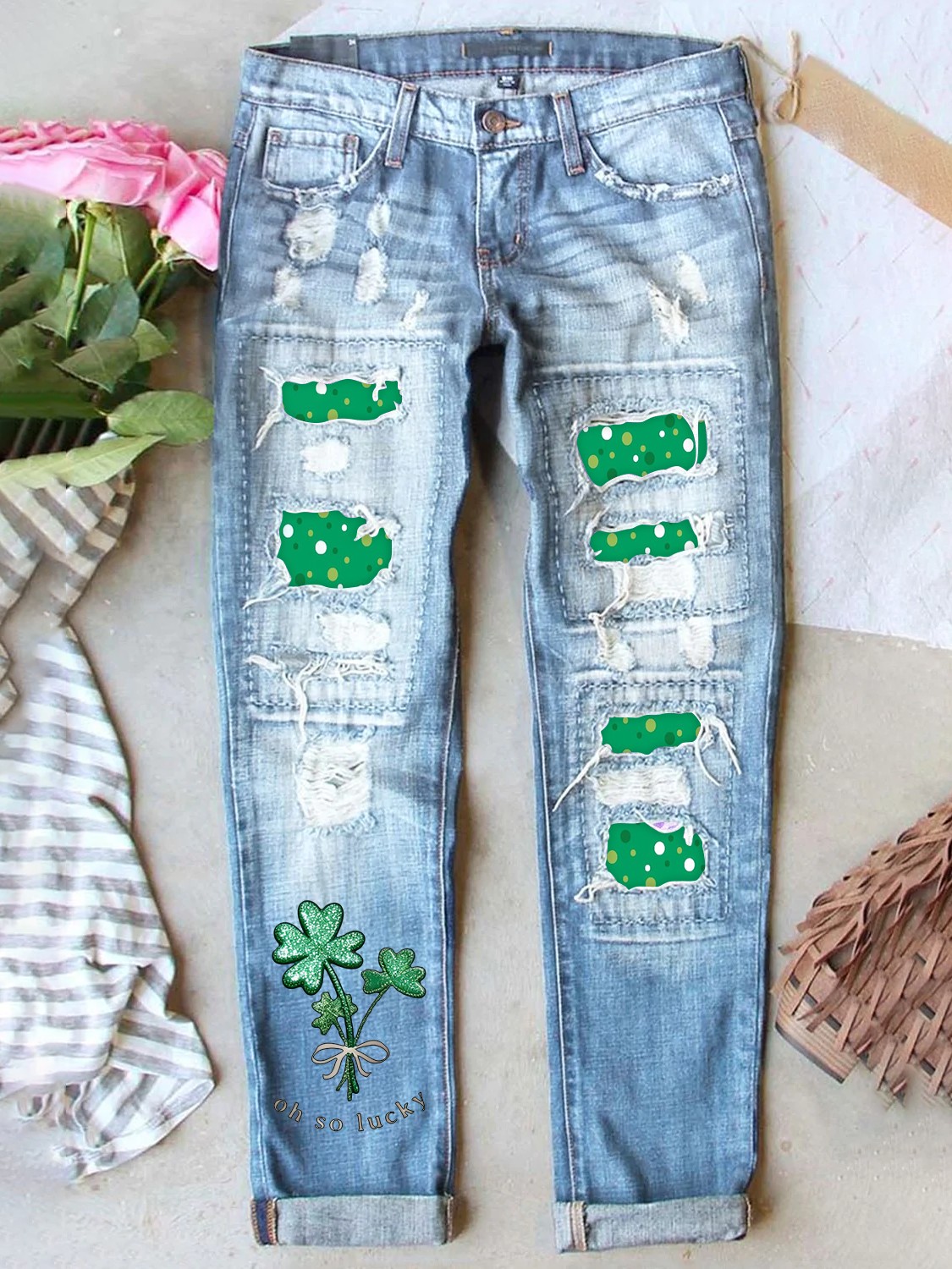 Retro St. Patrick's Day Denim Patch Printed Denim Jeans