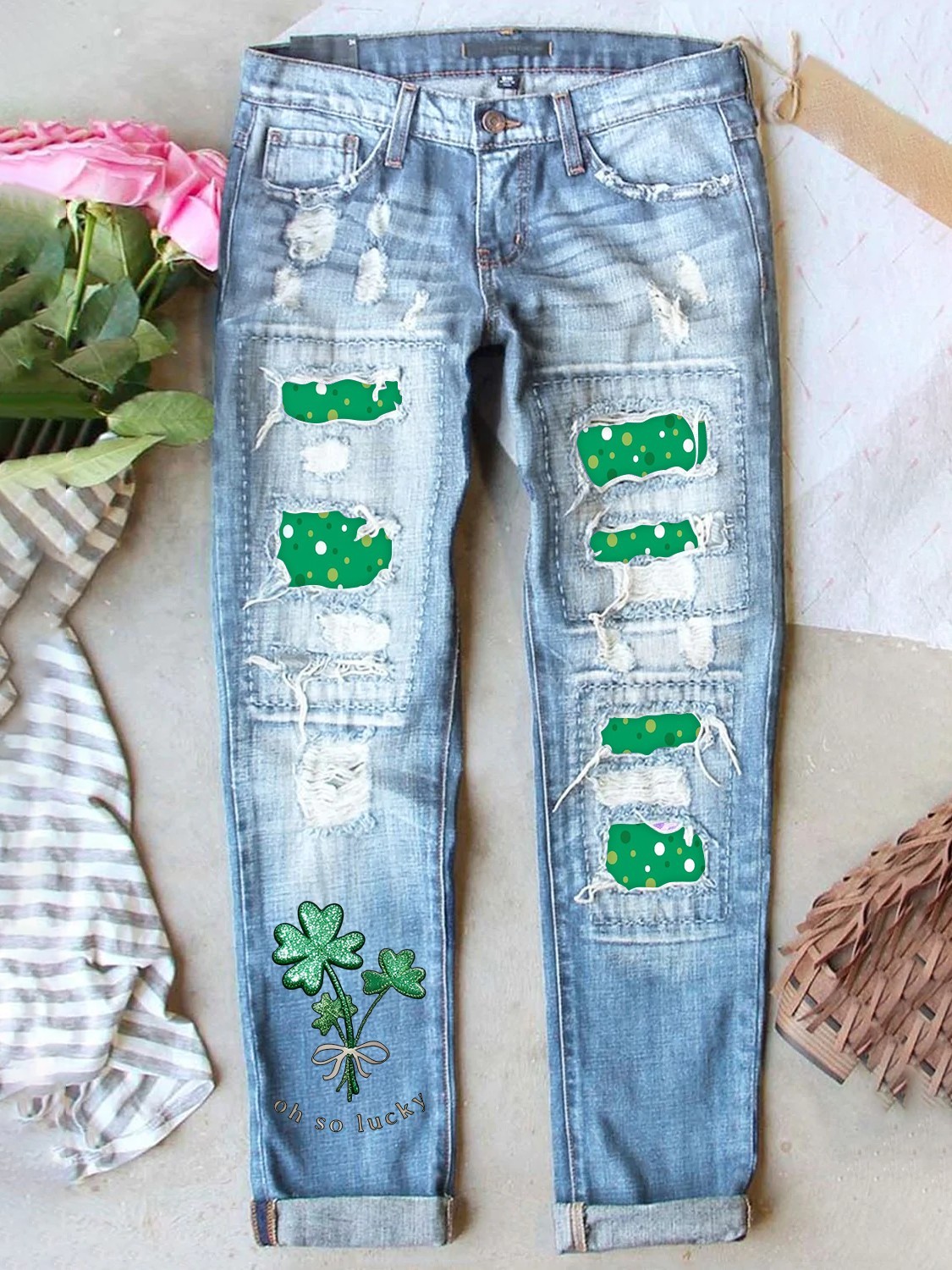 Retro St. Patrick's Day Denim Patch Printed Denim Jeans