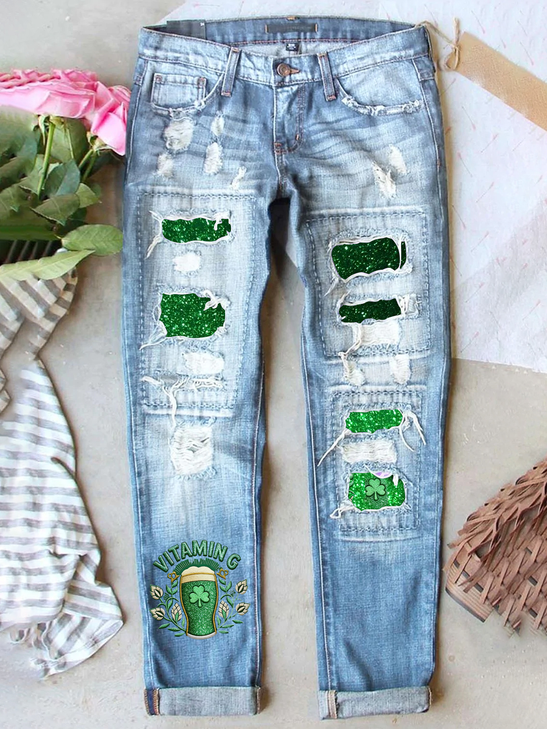 Retro St. Patrick's Day Denim Patch Printed Denim Jeans