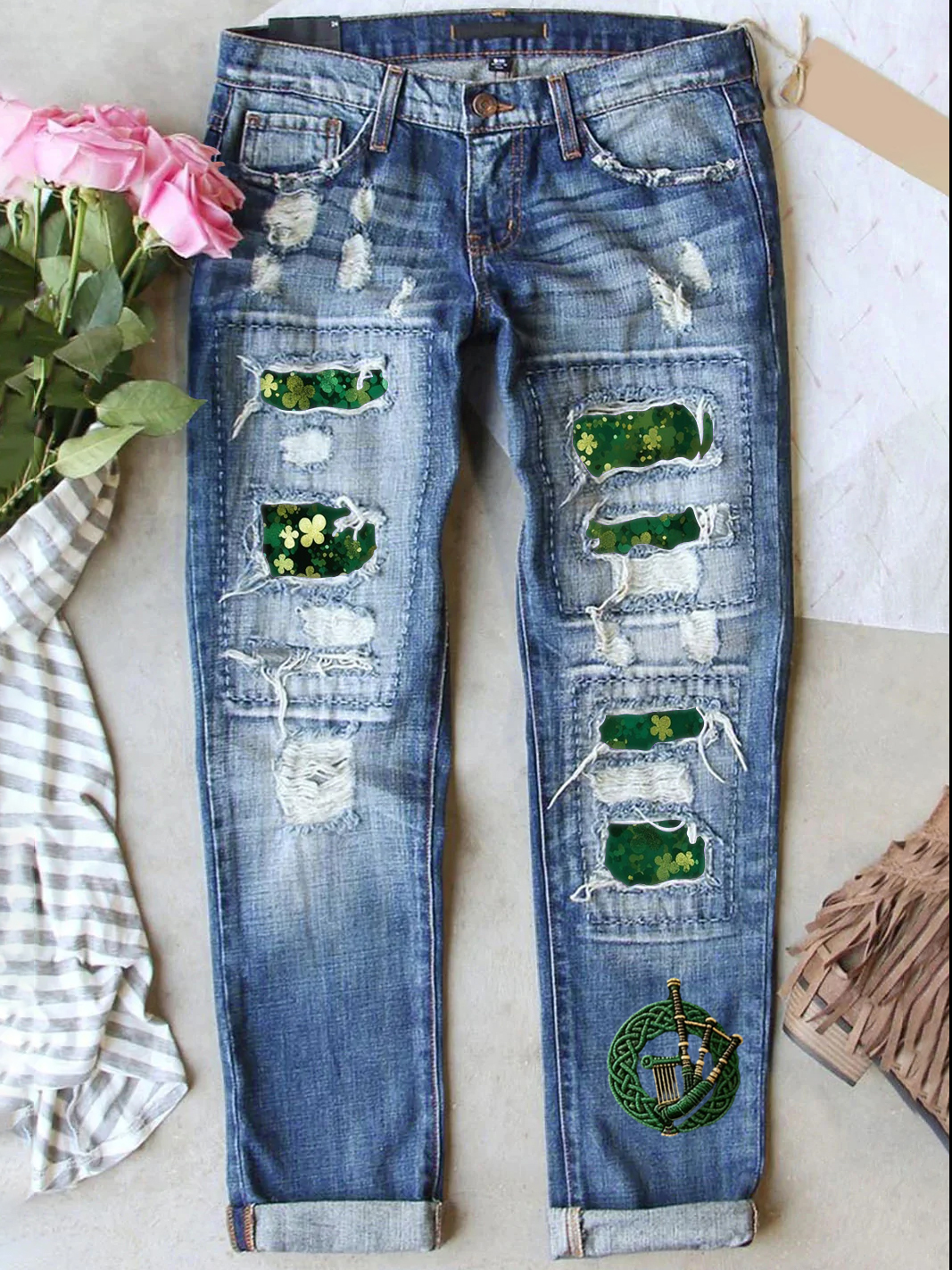 Retro St. Patrick's Day Denim Patch Printed Denim Jeans
