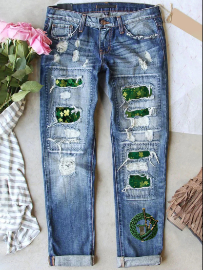 Retro St. Patrick's Day Denim Patch Printed Denim Jeans