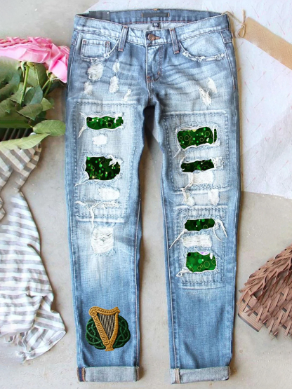 Retro St. Patrick's Day Denim Patch Printed Denim Jeans