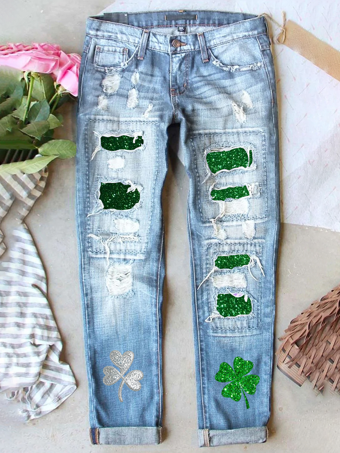 Retro St. Patrick's Day Denim Patch Printed Denim Jeans