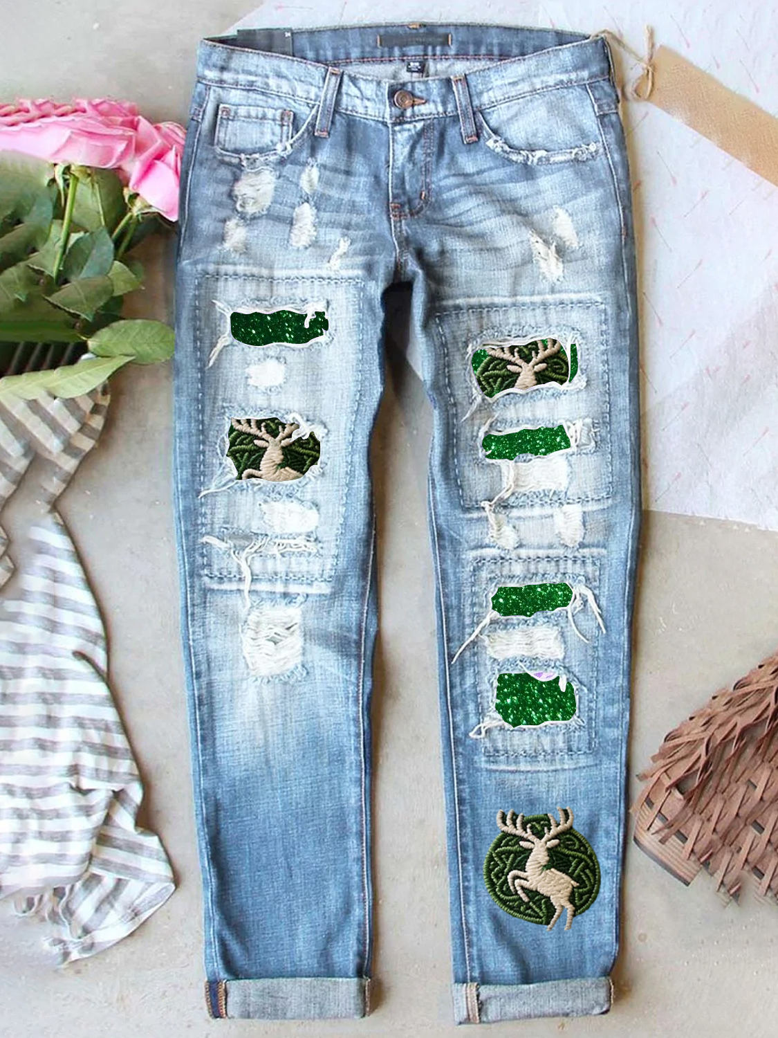 Retro St. Patrick's Day Denim Patch Printed Denim Jeans