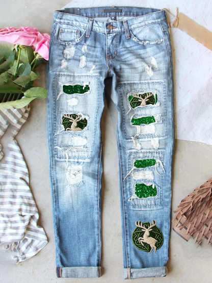 Retro St. Patrick's Day Denim Patch Printed Denim Jeans