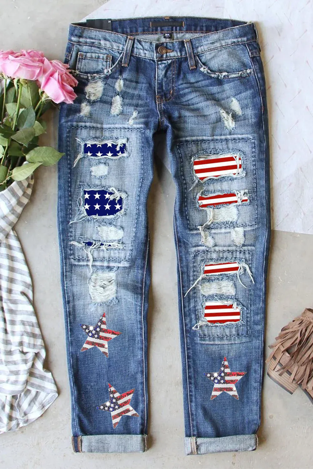 American Flag Star Graphic Straight Jeans