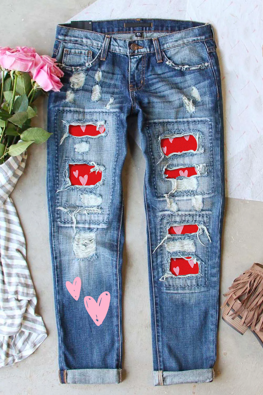 Heart Shaped Straight Leg Distressed Jeans