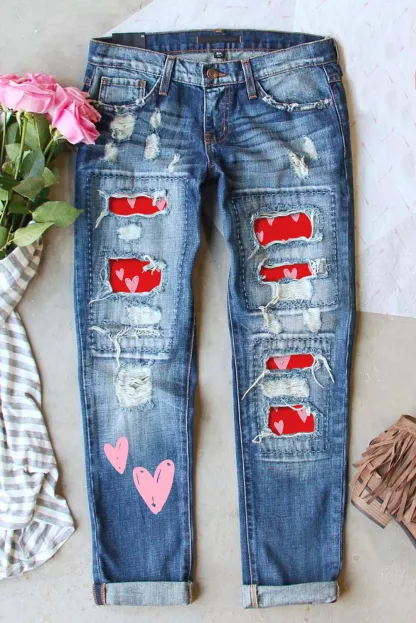 Heart Shaped Straight Leg Distressed Jeans