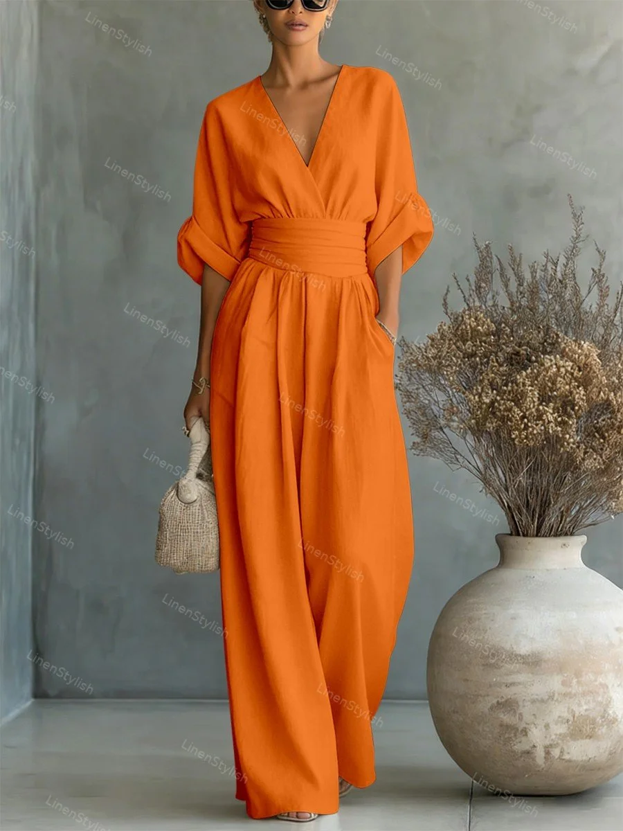 Divatos V-nyakú deréknál szabott overál