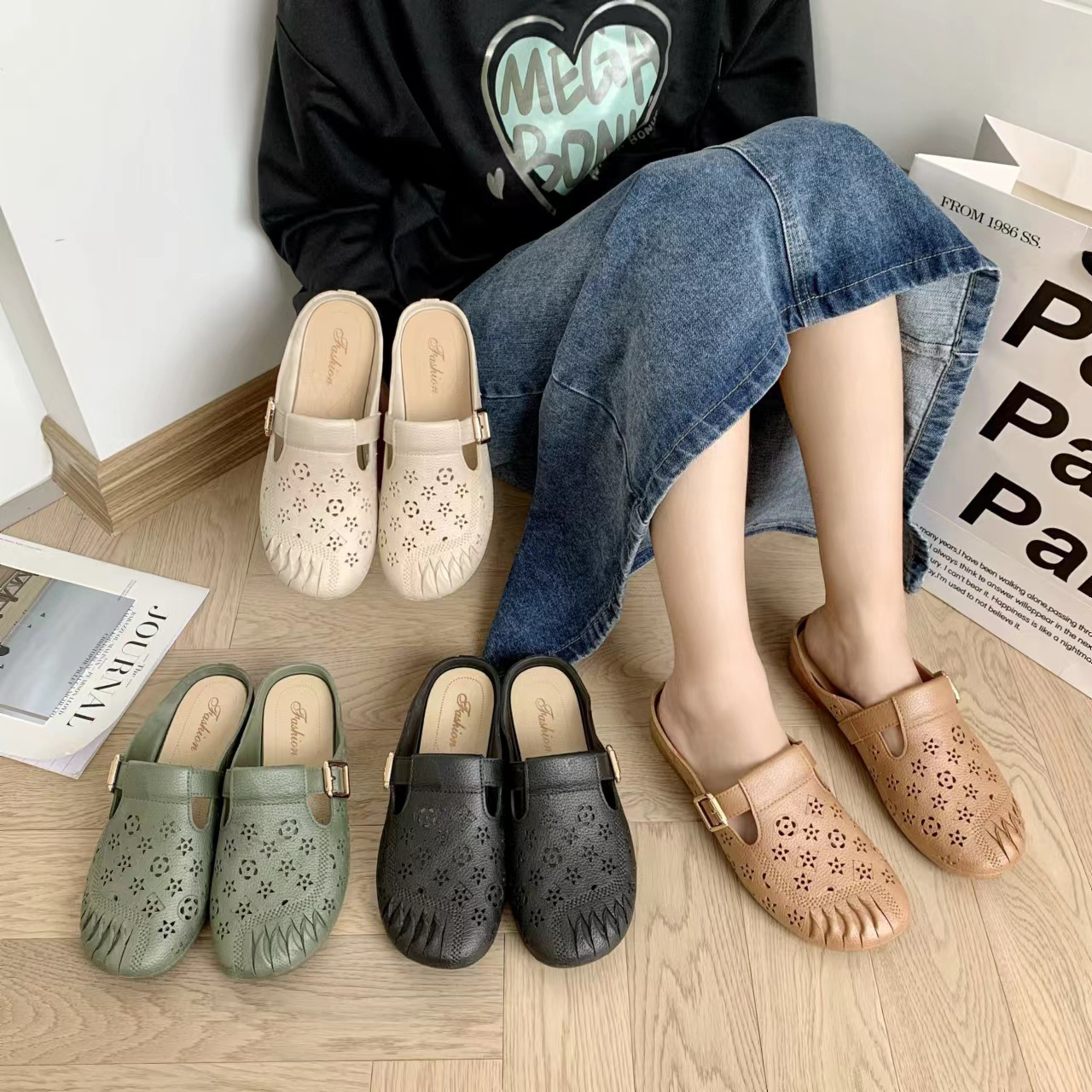 Puha talpú, üreges kialakítású, csúszásmentes, félig fedett szandálok