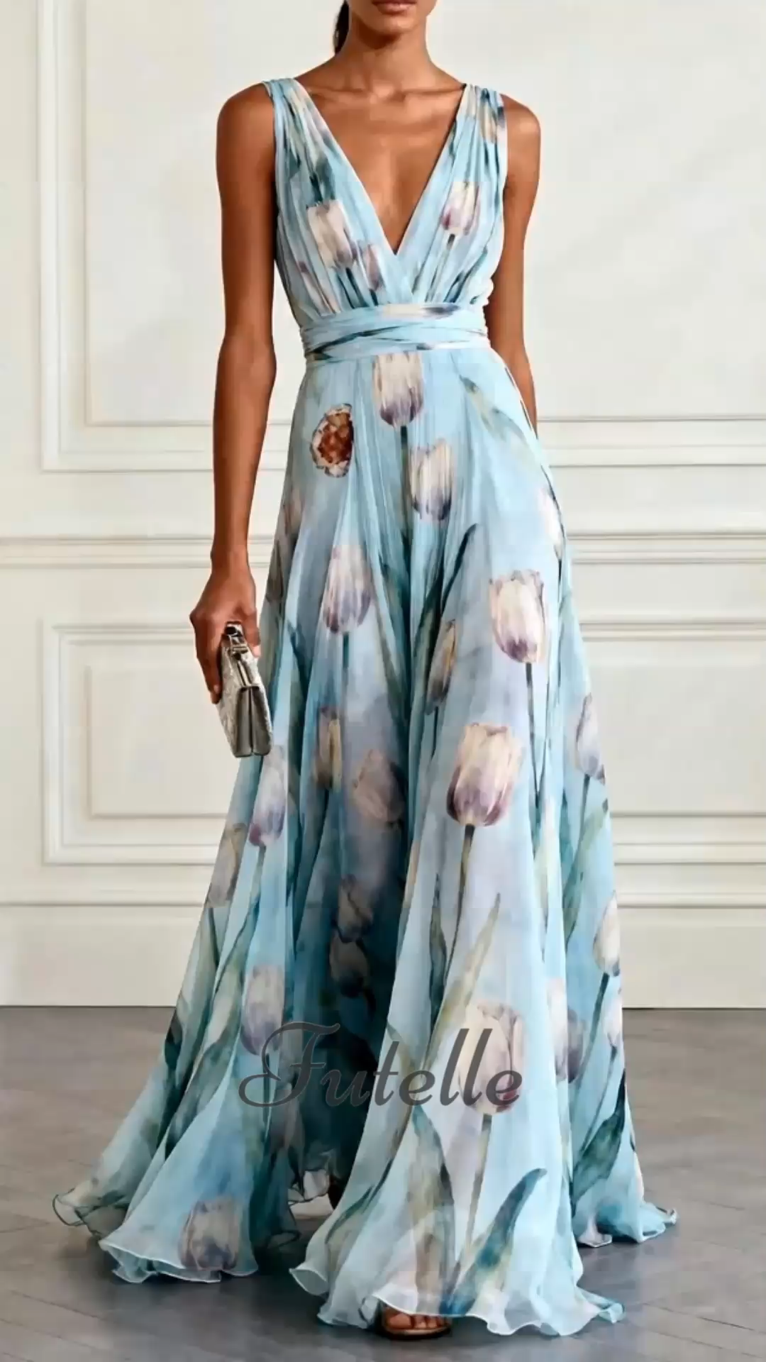 Tulip Print Sleeveless V-neck Maxi Dress