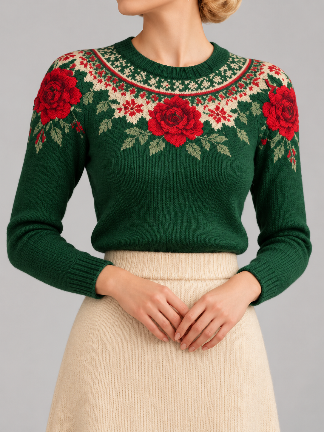 Women's Classic Christmas Floral Art Print Crew Neck Casual Sweater